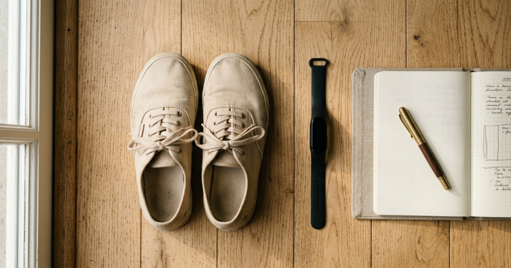 A minimalist overhead view of canvas walking shoes, a fitness tracking wristband, and a journal on light wood floorboards in morning sunlight.
