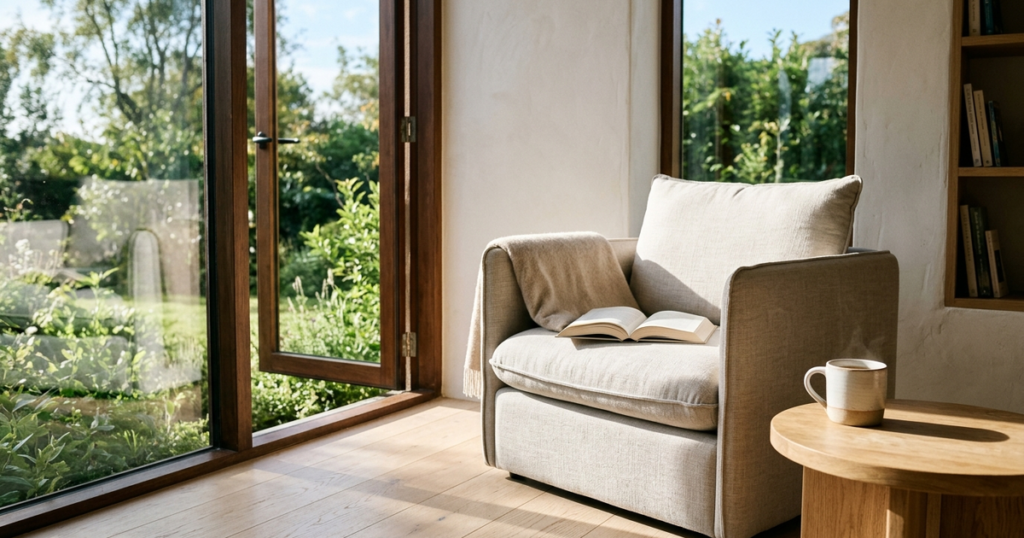 A sunlit reading nook with a linen armchair beside a floor-to-ceiling window bathed in natural morning light.