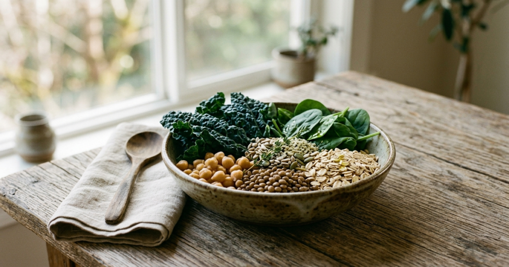 Editorial photograph of a rustic stoneware bowl filled with prebiotic fiber-rich whole foods on a weathered wooden table in morning sunlight.
