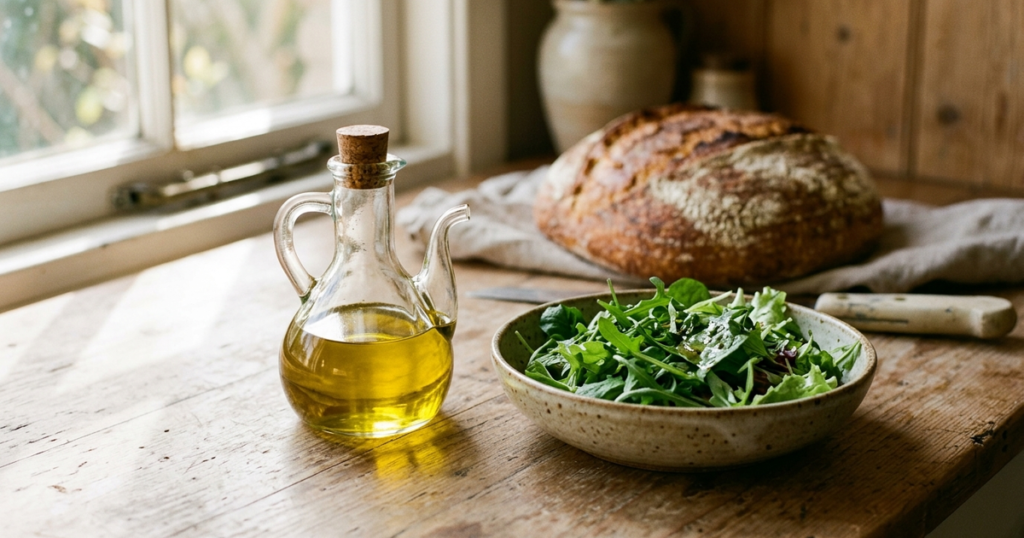 Clear glass cruet of extra virgin olive oil and fresh leafy greens beside rustic sourdough bread on a wooden kitchen table in natural morning sunlight.