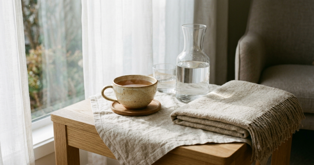 A ceramic teacup of herbal tea and glass water carafe beside a folded linen throw blanket on a sunlit oak table in morning light.