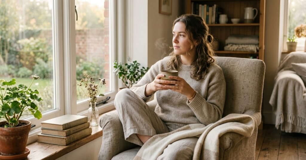 A woman resting comfortably in an armchair by a sunlit window holding a warm cup in a calm living room