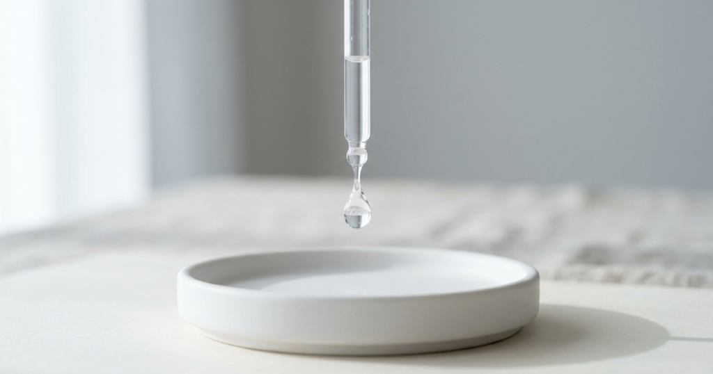 A clear glass dropper releasing a suspended drop of pure water over a white ceramic dish in soft morning light.