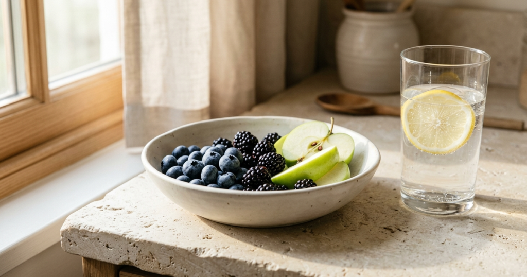 A matte ceramic bowl with blueberries, blackberries, and green apple slices beside a glass of lemon water in soft morning light.