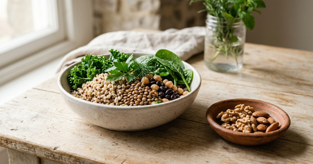 Handcrafted ceramic bowl of whole grains, lentils, and fresh greens beside a small dish of raw walnuts on a rustic wooden table in morning sunlight.
