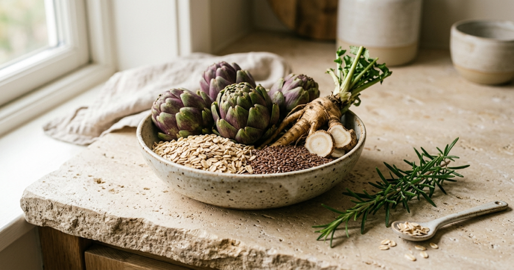 A rustic ceramic bowl of prebiotic fiber foods including oats, artichokes, and seeds on a sunlit stone counter