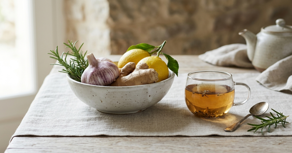 Editorial still-life photograph of fresh garlic, ginger, rosemary, and lemons in a ceramic bowl beside herbal tea on an oak table in morning light.