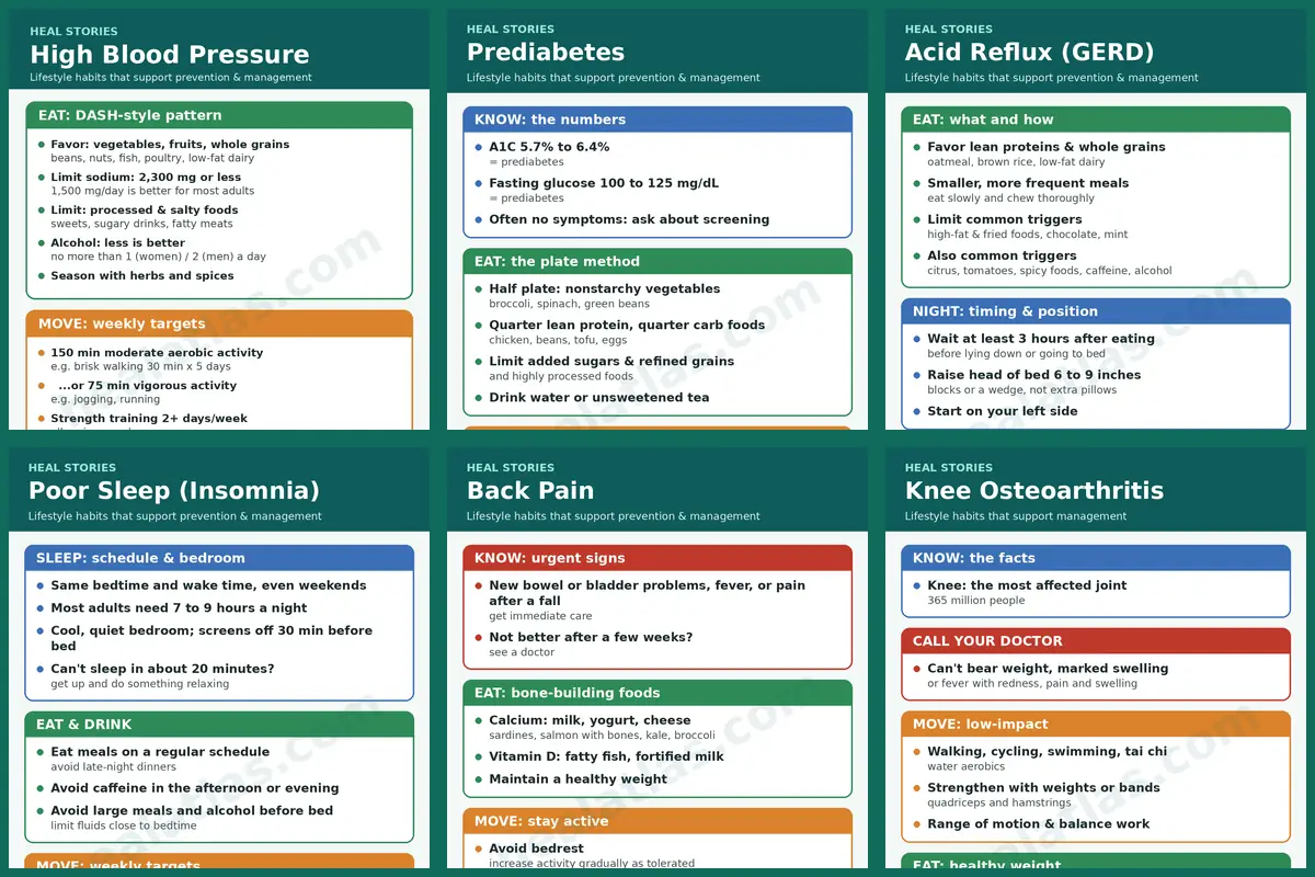 Collage of HealAtlas Heal Story infographics for blood pressure, prediabetes, acid reflux, sleep, back pain and knee osteoarthritis