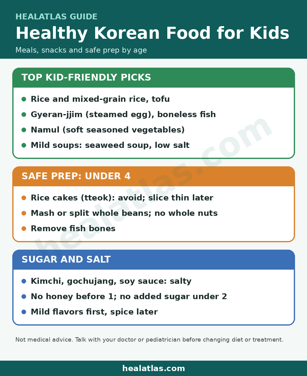 healatlas.com infographic: healthy Korean foods for kids such as rice, tofu, egg, fish and namul, with safe prep by age and a kimchi salt tip