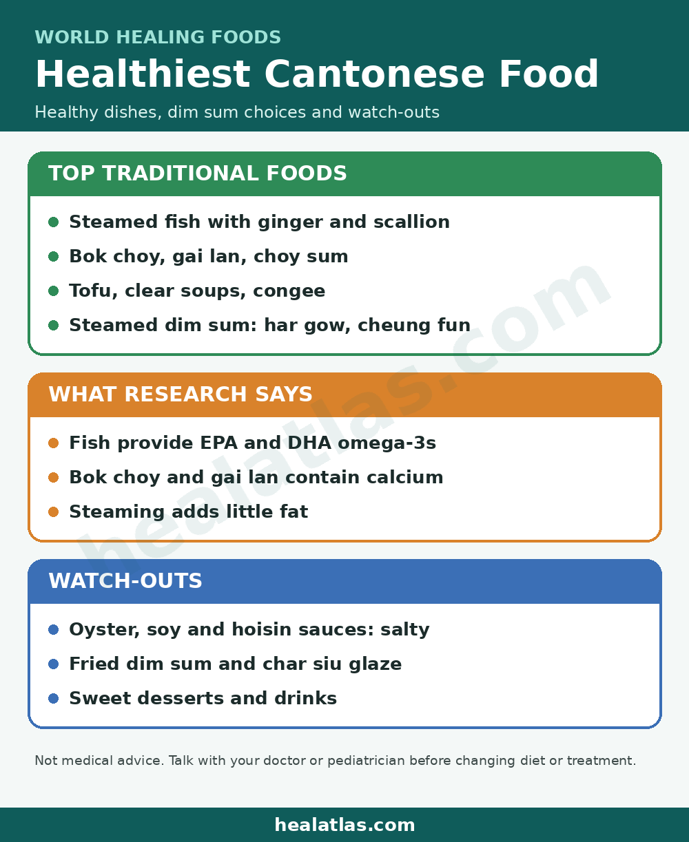 healatlas.com infographic: healthiest Cantonese food such as steamed fish with ginger and scallion, bok choy and tofu, with dim sum tips