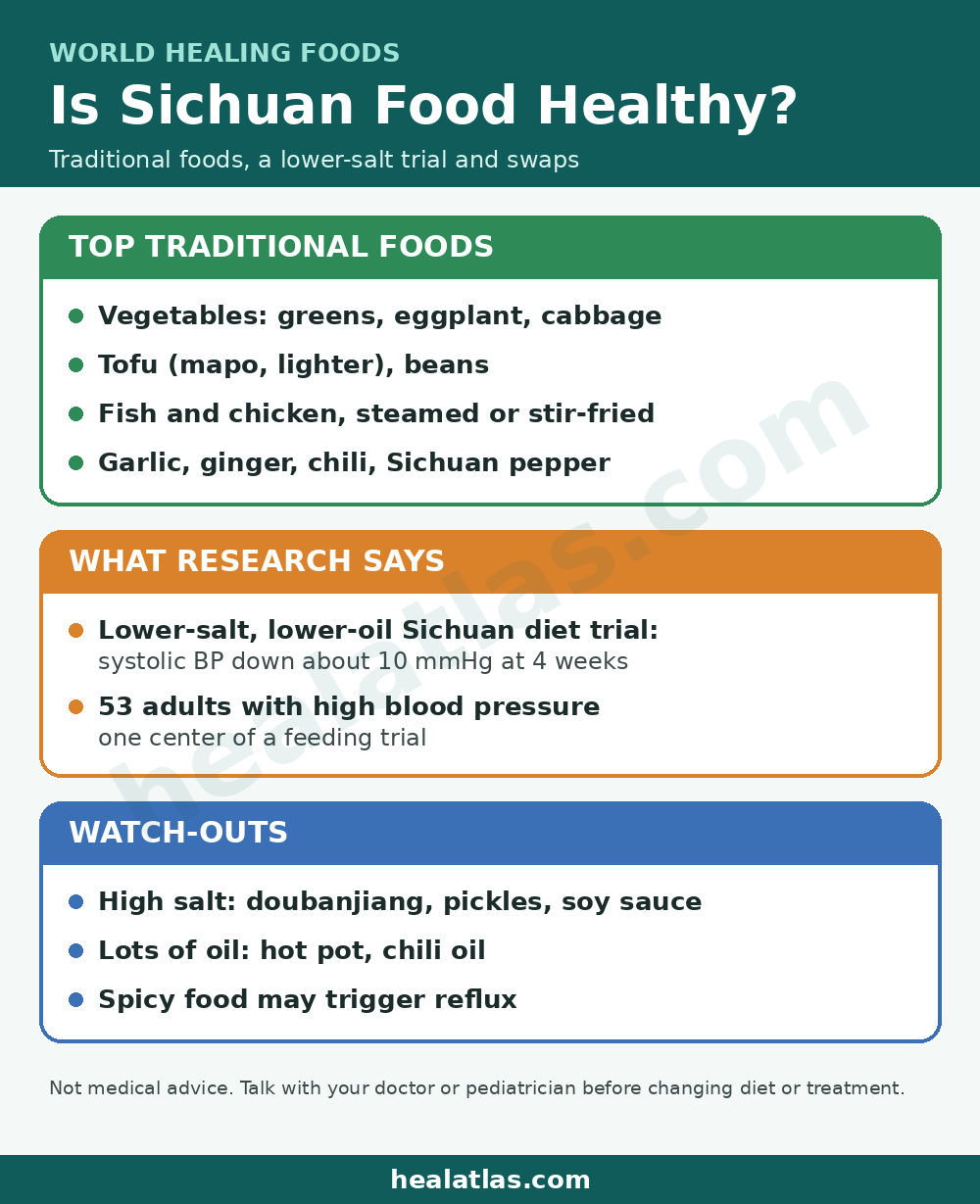 healatlas.com infographic: is Sichuan food healthy, showing vegetables, tofu and fish, a lower-salt diet trial result and watch-outs