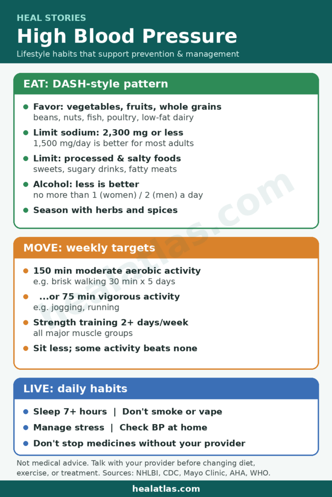 Heal Stories infographic: High blood pressure lifestyle plan. Eat a DASH-style diet with vegetables, fruits, whole grains, beans, nuts, fish and low-fat dairy; limit sodium to 2,300 mg or less a day (1,500 mg is better for most adults); limit processed foods, sweets and alcohol; season with herbs and spices. Move 150 minutes a week at moderate intensity or 75 vigorous, plus strength training 2 or more days. Sleep 7+ hours, don't smoke or vape, manage stress, check blood pressure at home, and don't stop medicines without your provider. healatlas.com