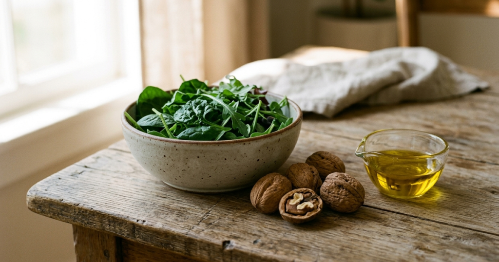 A matte ceramic bowl of crisp green salad leaves, whole walnuts in shells, and a small glass dish of pure olive oil in soft natural morning window light.
