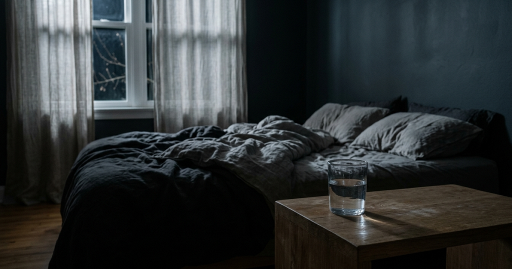 Dimly lit quiet bedroom at night with soft ambient moonlight filtering onto an unmade bed and a wooden side table with a glass of water.