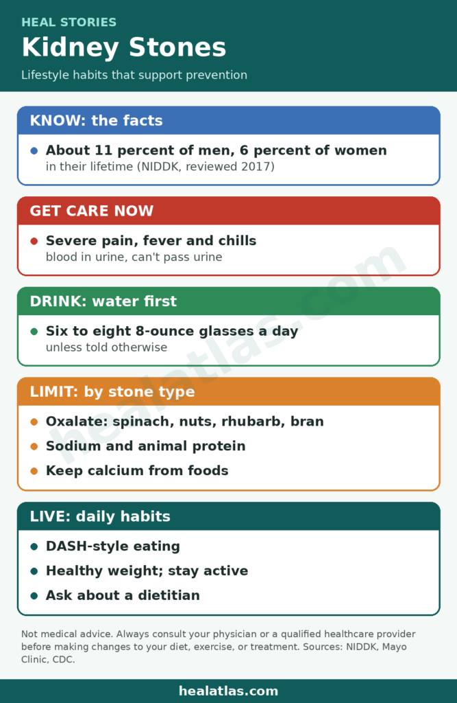 Heal Stories infographic: Kidney stones lifestyle plan. About 11 percent of men and 6 percent of women have kidney stones in their lifetime (NIDDK, reviewed 2017). Get care now for severe pain, fever and chills, blood in urine or trouble passing urine. Drink six to eight 8-ounce glasses of water a day unless told otherwise. Limit oxalate foods such as spinach, nuts, rhubarb and bran, plus sodium and animal protein, but keep calcium from foods. Eat DASH-style, keep a healthy weight, stay active and ask about a dietitian. healatlas.com