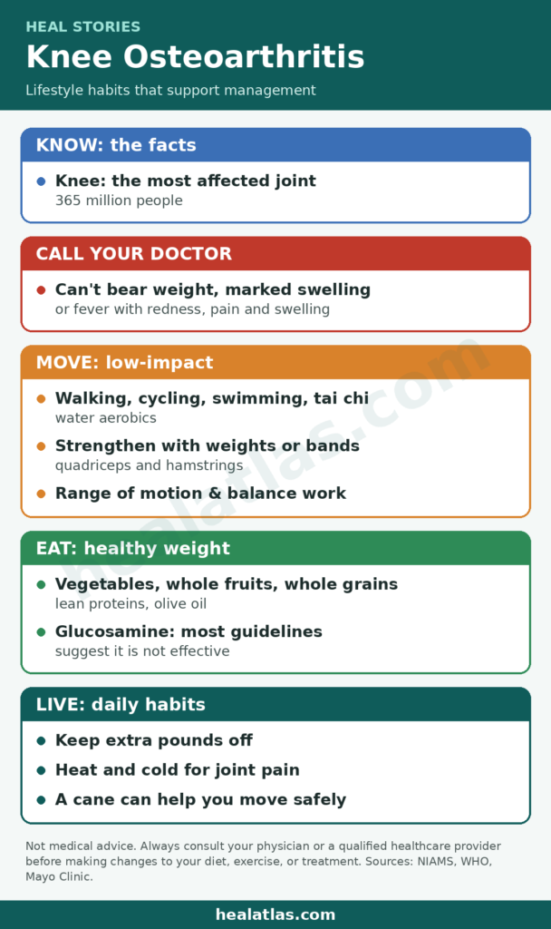 Heal Stories infographic: Knee osteoarthritis lifestyle plan. Call your doctor if you can't bear weight, have marked swelling, or fever with redness, pain and swelling; the knee is the most affected joint, 365 million people. Move with low-impact walking, cycling, swimming, tai chi and water aerobics, strengthen with weights or bands, and do range of motion and balance work. Eat vegetables, whole fruits, whole grains, lean proteins and olive oil; most guidelines suggest glucosamine is not effective. Keep extra pounds off, use heat and cold for joint pain; a cane can help. healatlas.com