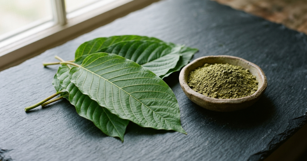 Fresh green kratom leaves resting on dark slate stone next to an unglazed ceramic dish of finely ground herbal powder in natural morning light.
