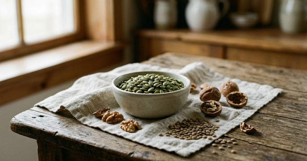 Artisanal ceramic bowl of raw green pumpkin seeds, walnuts, and lentils on a rustic linen cloth in natural morning light.