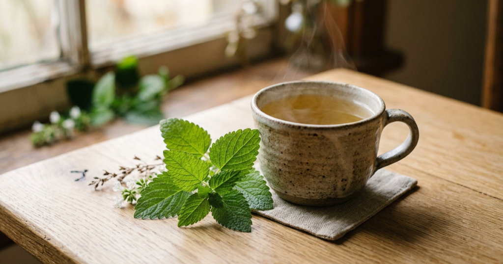 A rustic ceramic mug of steaming pale golden lemon balm tea beside fresh green Melissa officinalis leaves on an oak table in diffused daylight.