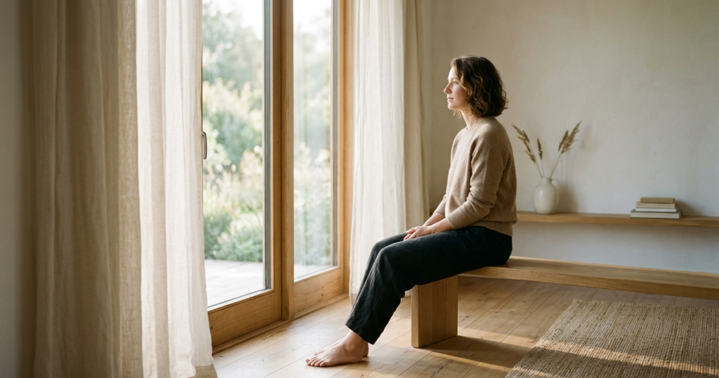 An adult sitting peacefully by a sunlit window in a quiet minimalist room with soft natural morning light.