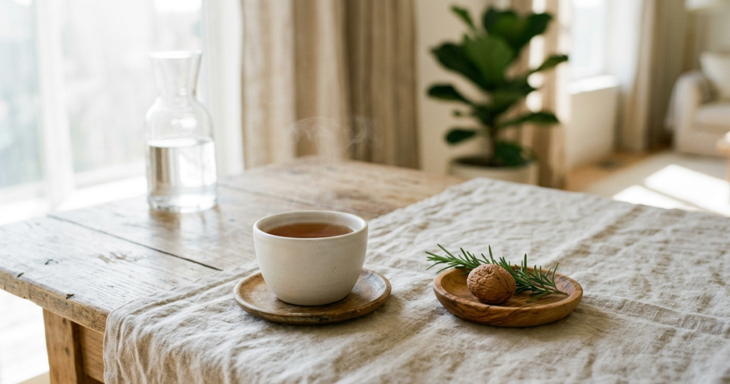An artisanal ceramic teacup of herbal tea beside walnuts, fresh rosemary, and a water carafe on an oak table in soft morning light.