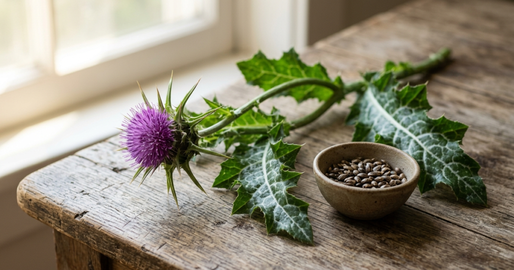 Editorial photograph of a fresh purple milk thistle flower, marble-patterned green leaves, and herbal seeds on a rustic wooden table in soft natural daylight.