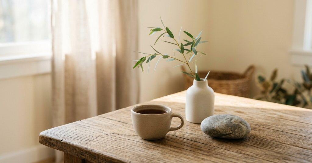 A ceramic teacup and smooth stone on a rustic wooden table in soft morning sunlight