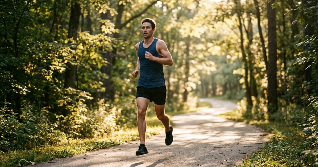 Editorial documentary photograph of an adult endurance runner in mid-stride along a quiet paved forest trail under soft morning sunlight.
