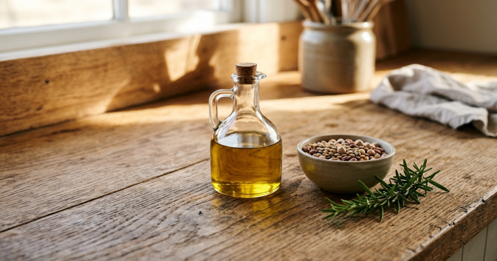 A clear glass cruet of extra virgin olive oil, ceramic bowl of legumes, and fresh rosemary sprig on a rustic wooden counter in natural light.