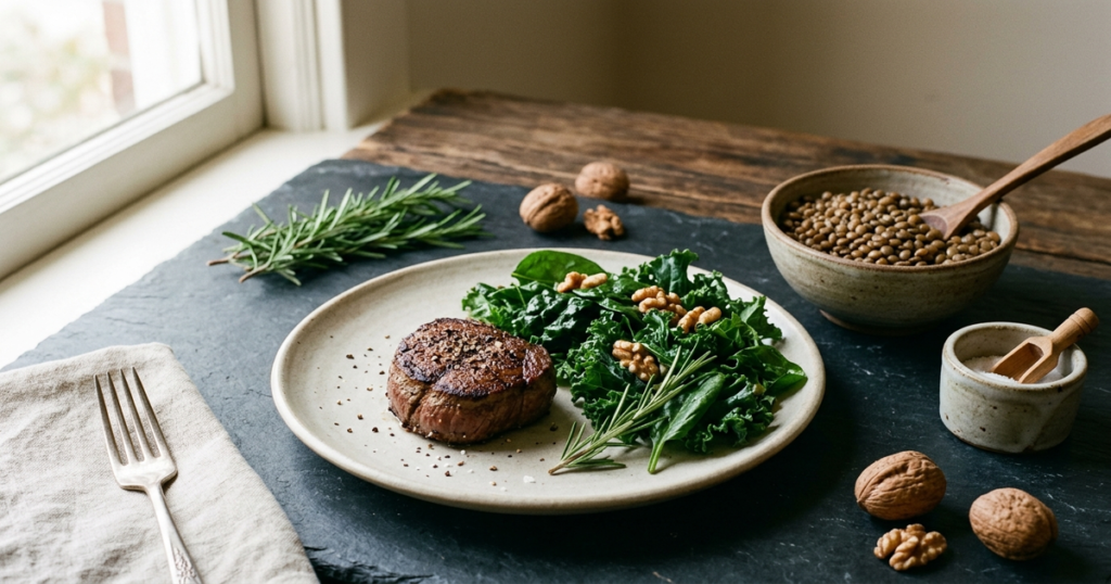 Editorial still-life photograph of whole plant foods including lentils, leafy greens, walnuts, and herbs alongside a small serving of lean beef on a dark slate table.