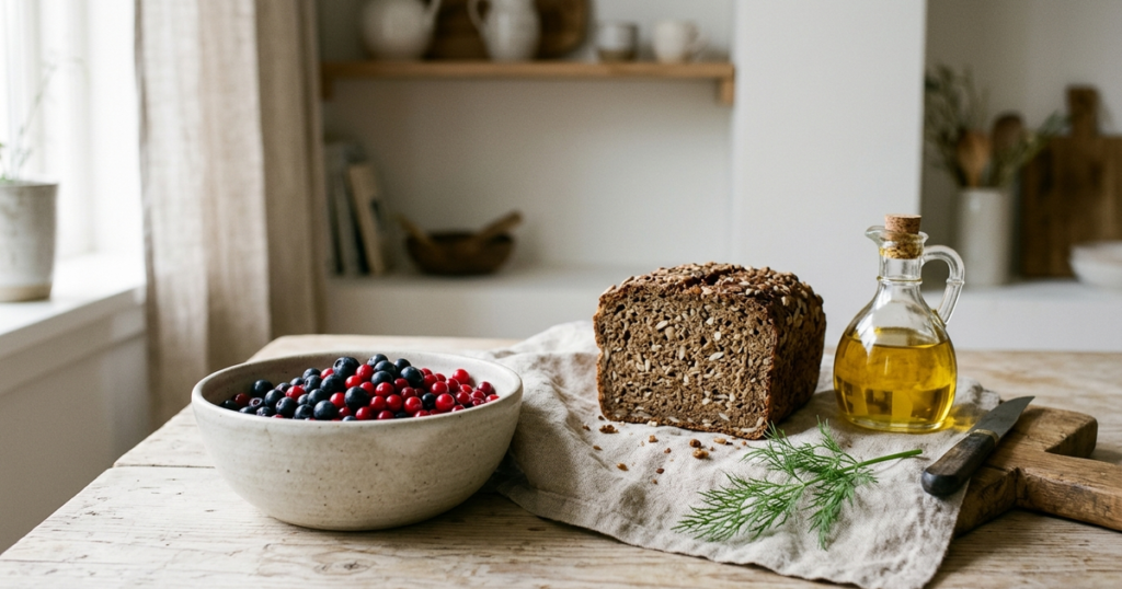 A handcrafted ceramic bowl of bilberries and lingonberries, a slice of whole-grain rye sourdough bread, and a small glass cruet of cold-pressed rapeseed oil on a natural birch table in soft morning light.