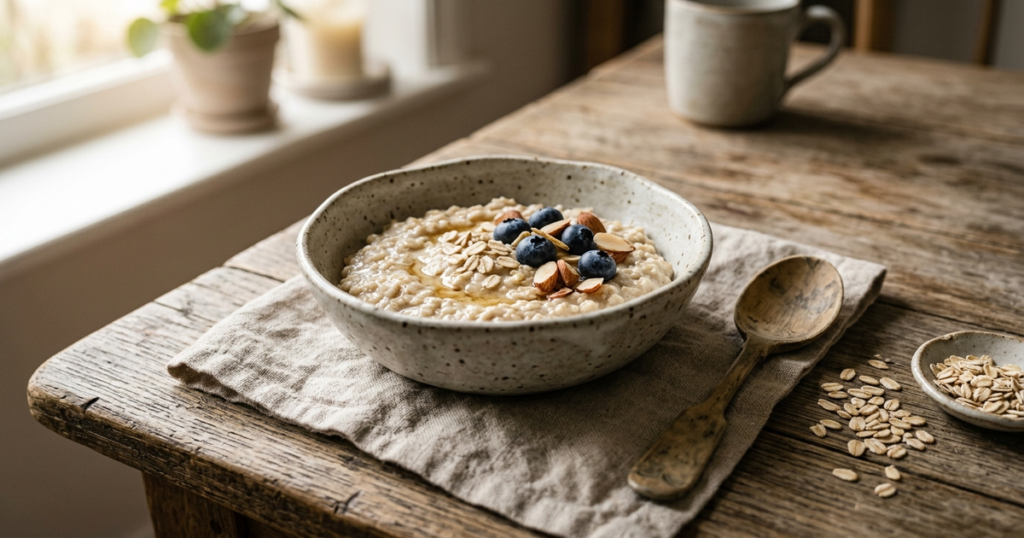 Rustic ceramic bowl of whole oatmeal on a textured linen cloth with a wooden spoon and scattered rolled oats in soft morning light.