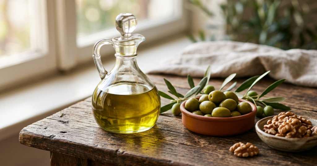 An artisanal glass bottle of golden olive oil beside green olives and walnuts on a sunlit wooden table.