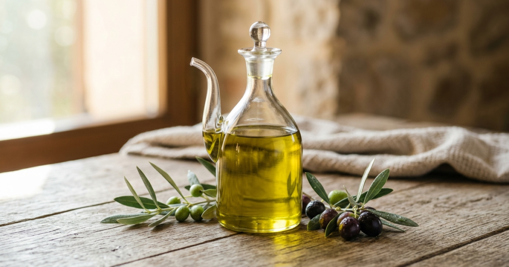 Clear minimalist glass cruet filled with golden-green extra virgin olive oil resting beside fresh olives on a rustic wooden table in natural morning sunlight.