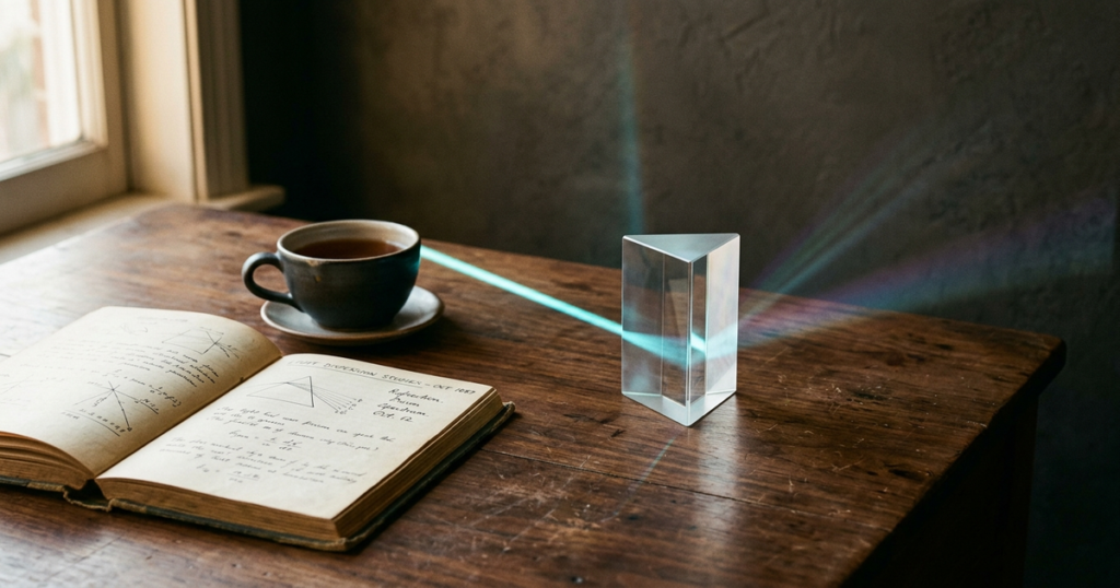 Editorial still-life photograph of a glass optical prism refracting a soft beam of cyan light across a dark walnut desk beside an open scientific notebook.