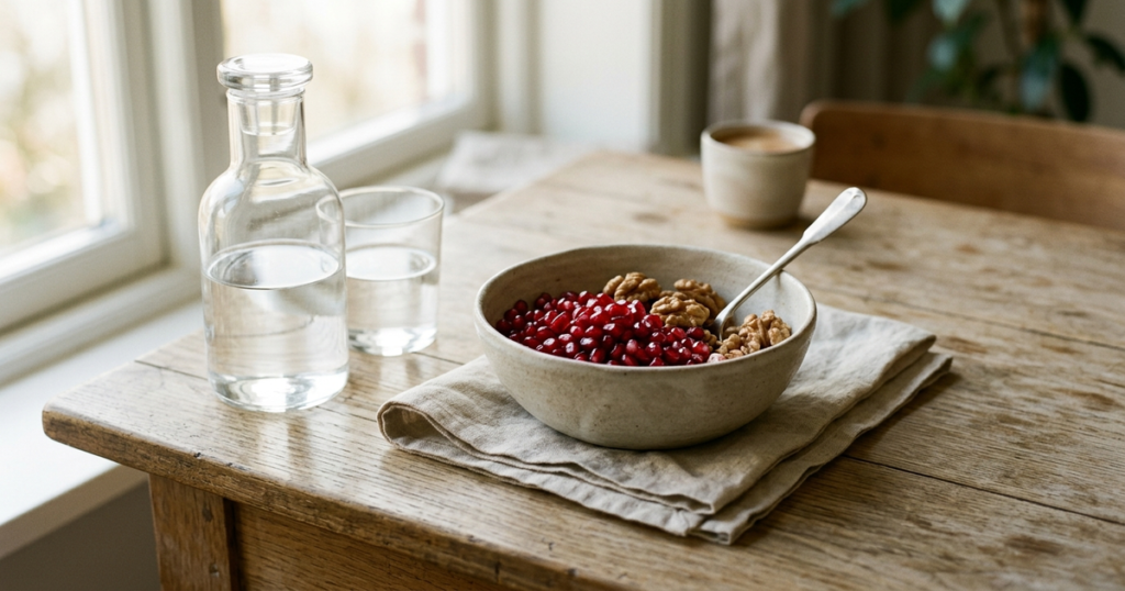 Editorial still-life photograph of a ceramic bowl filled with fresh pomegranate seeds and walnuts beside a glass of water on a rustic oak table in morning light.