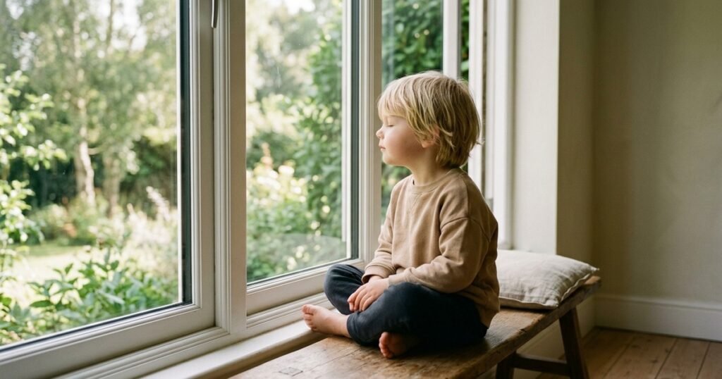 Young child sitting quietly by a sunlit window listening peacefully to ambient morning sounds