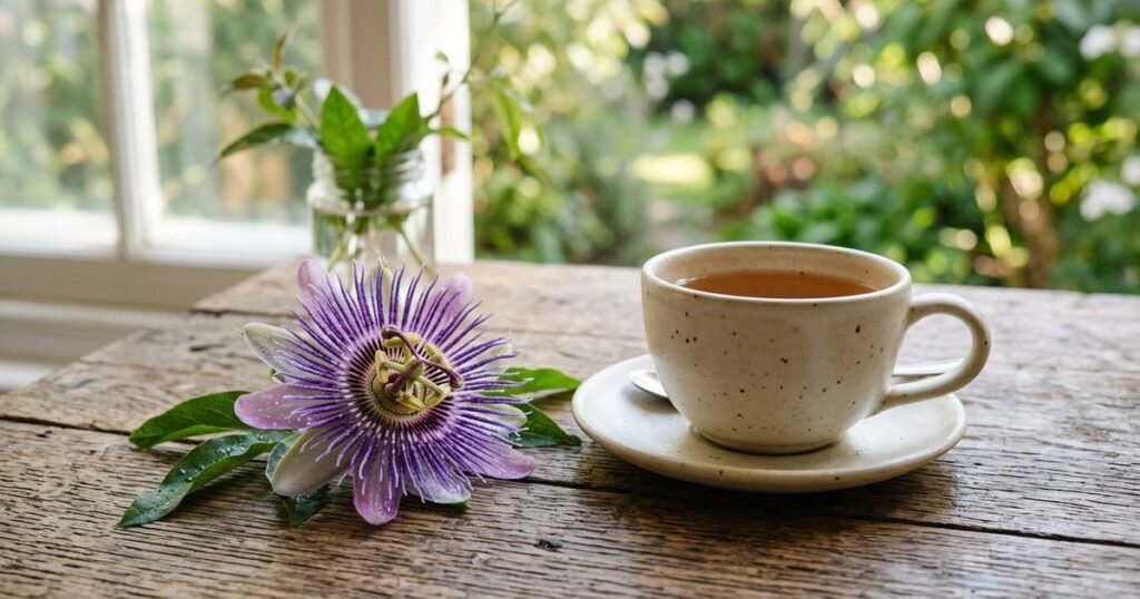 Fresh purple passionflower blossom beside a ceramic teacup on a rustic wooden table in soft morning light