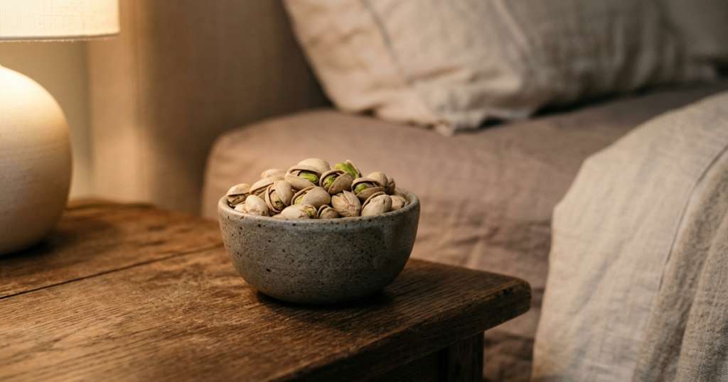 Handcrafted ceramic bowl filled with green pistachios on a rustic bedside table under warm evening lamp light.