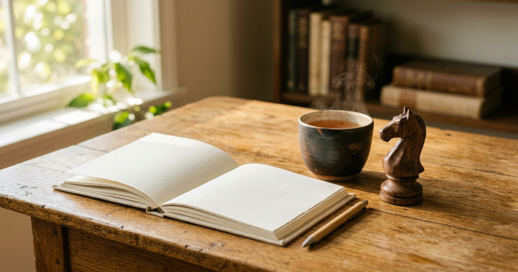 Open linen journal on a rustic oak desk beside a ceramic tea cup and wooden chess knight in morning light.