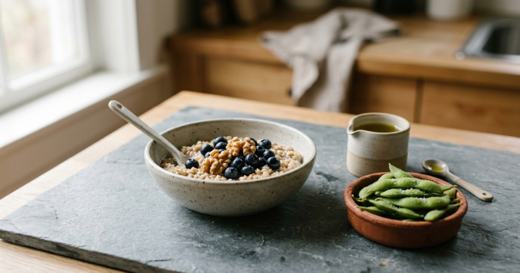 A ceramic bowl of oatmeal with blueberries and walnuts beside fresh edamame and olive oil on a stone kitchen surface in morning light.