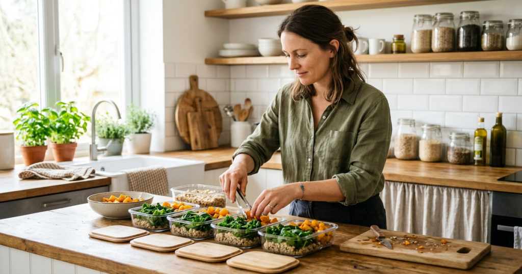 Adult mindfully preparing balanced whole food meals in clear glass containers in a bright sunlit kitchen.