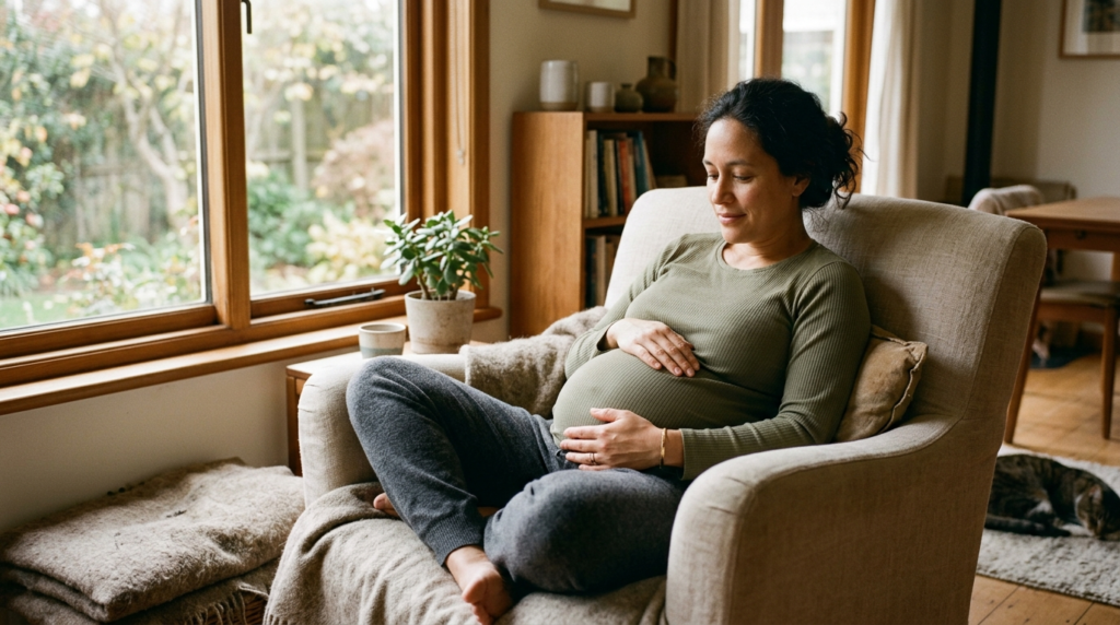 A serene pregnant woman in her early forties resting comfortably in an armchair by a sunlit window with hands resting gently on her belly.