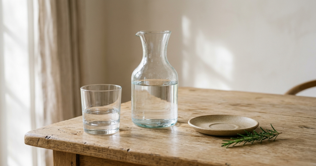 A clear glass water carafe, a clean drinking glass, an empty artisan ceramic saucer, and a sprig of fresh rosemary on a natural light-oak wooden table in soft morning light.