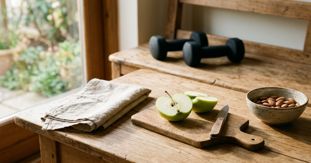 A textured wooden table with a halved crisp green apple and a small bowl of almonds in soft morning window light, with matte dumbbells resting subtly in the background.