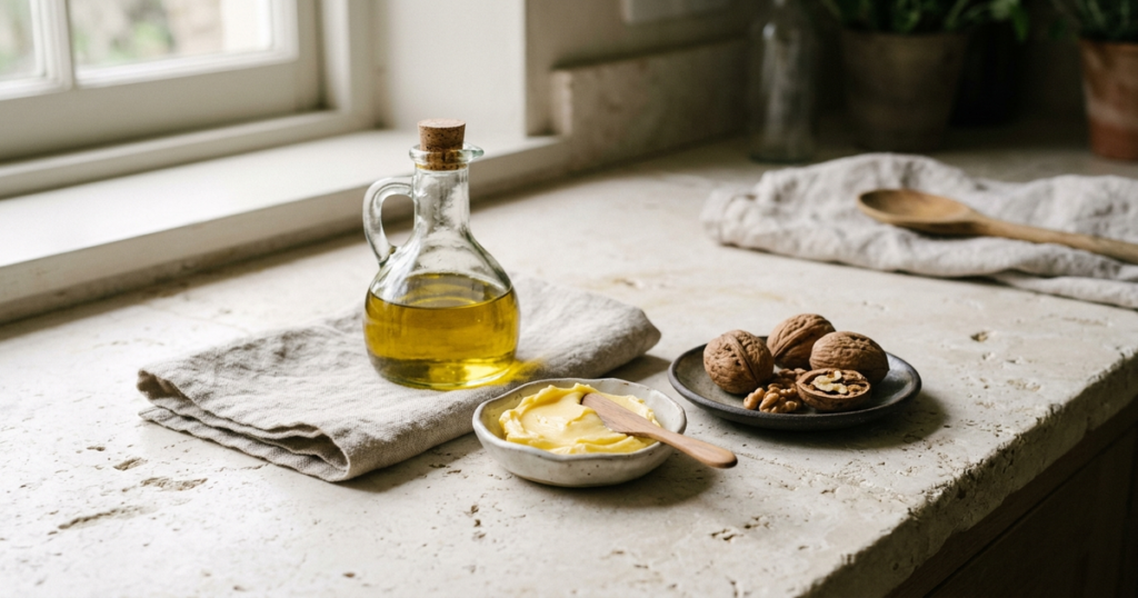 A small dish of farmstead butter, a saucer of raw walnuts, and an olive oil cruet resting on folded linen across a stone countertop in soft morning daylight.