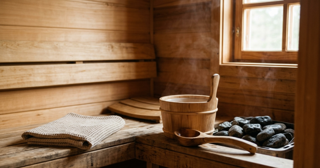 Nordic cedar sauna interior with timber benches, dark stones, and a wooden ladle beside a linen towel.