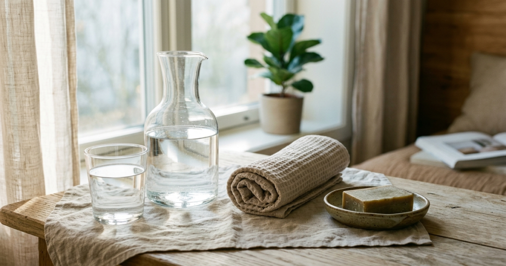 A clear glass water carafe and tumbler beside a rolled hand towel and bar of soap in soft morning window light.