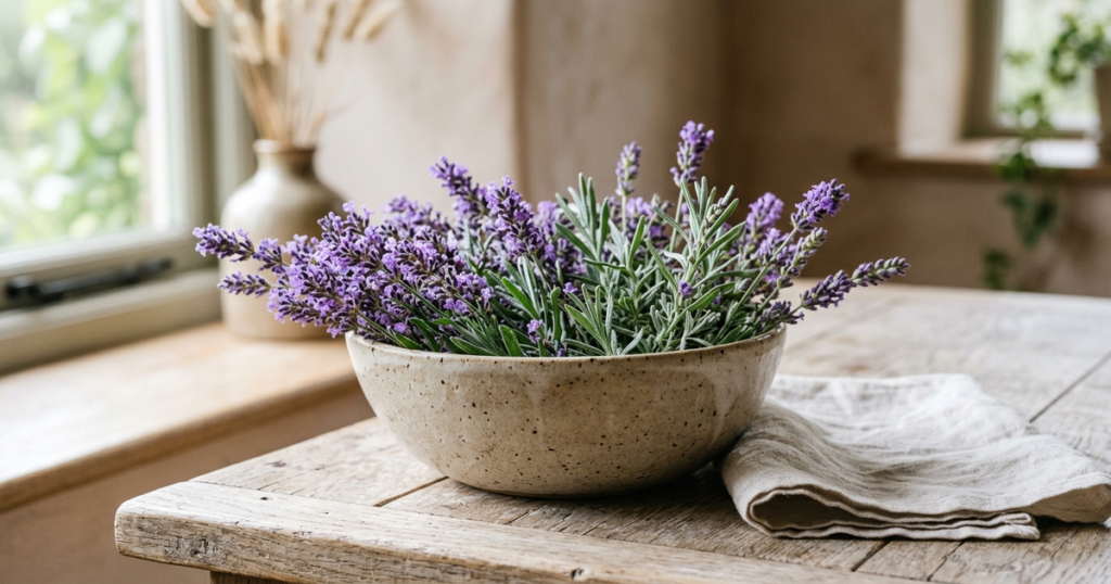 Handcrafted ceramic bowl with fresh English lavender sprigs on a rustic oak table in soft morning light.