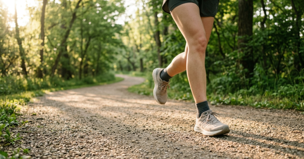 Editorial photograph of a runner's lower legs and shoes during a gentle slow jog on a sun-dappled gravel path in early morning light.